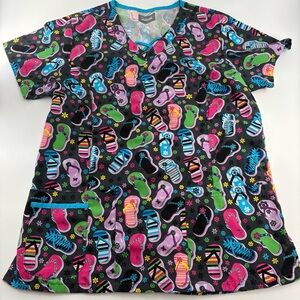 Buttersoft Originals Women's Flip Flop Summer Patterned Scrub Top Size Small
